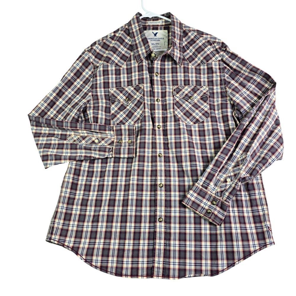 American Eagle Western Pearl Snap Shirt Mens XL Grey Burgundy Plaid Vintage Fit